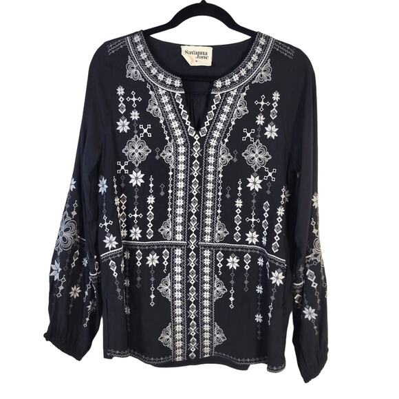 Savanna Jane Blouse Women's M Black White Gray Embroidered Polished Boho - Picture 1 of 8